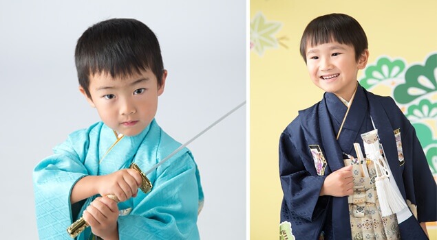 七五三5歳男の子の写真。衣装:着物を着て、刀を構えている