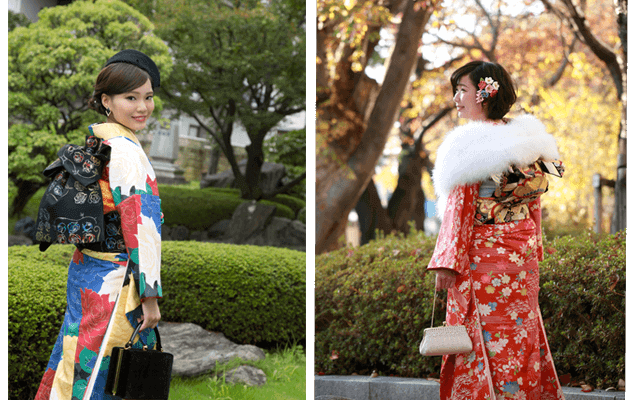 成人式前撮り。春の緑豊かなロケ撮影と、秋の紅葉ロケ撮影の様子。
