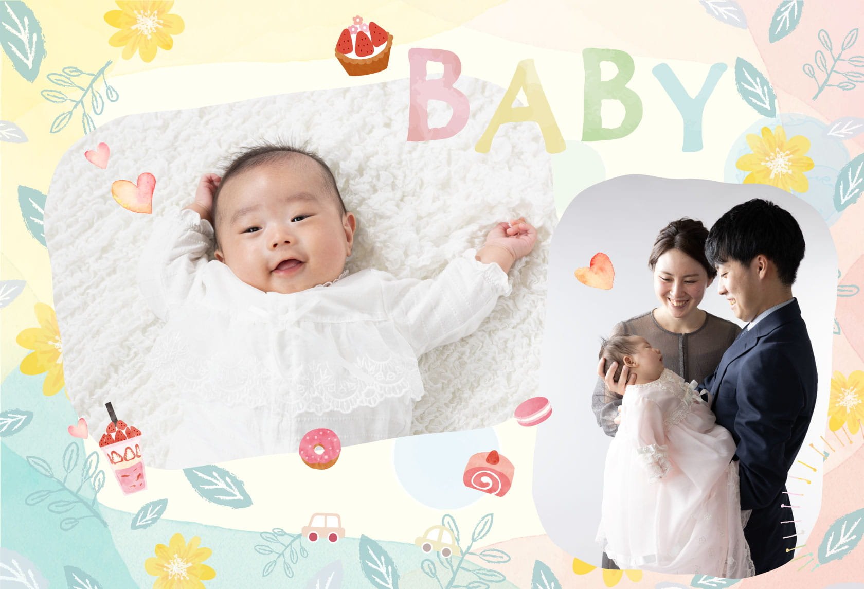 赤ちゃん撮影（ベビーフォト・お宮参り・百日祝い撮影）：ベビードレスを着てカメラ目線で笑顔の赤ちゃんと、両親に抱かれている赤ちゃん