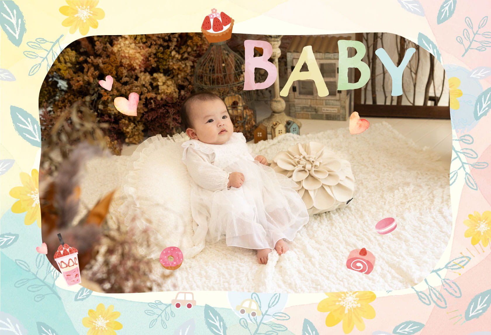 赤ちゃん撮影（ベビーフォト・お宮参り・百日祝い撮影）：ベビードレスを着た赤ちゃんと、両親に抱かれている赤ちゃん