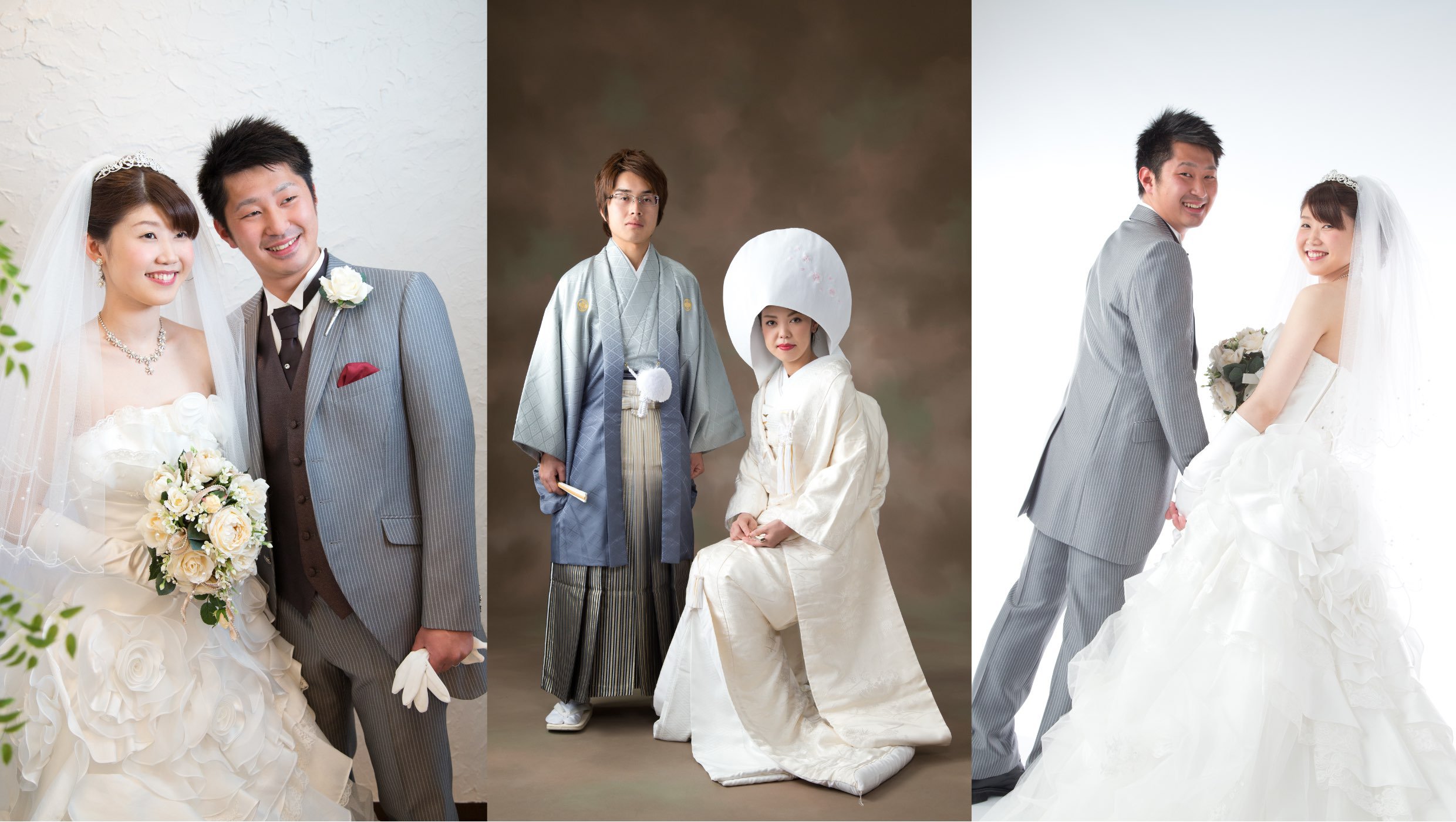 ウェディング・婚礼・結婚記念写真：ウエディングドレスを着た新婦とタキシードを着た新郎の写真と、白無垢を着た新婦と紋付袴を着た新郎の写真