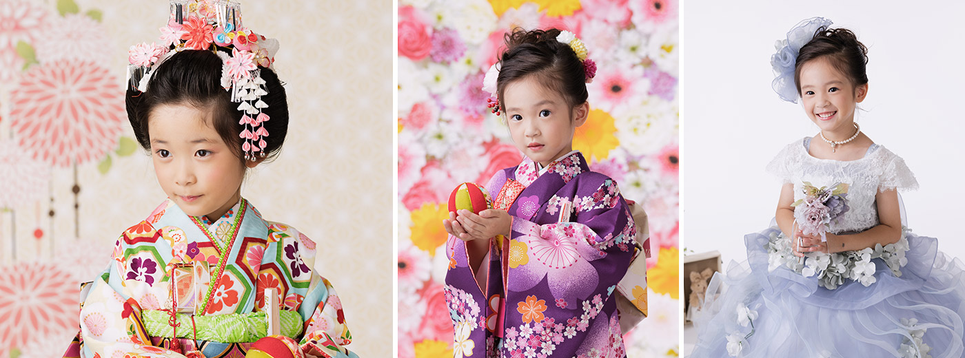 写真：新日本髪に着物の女の子と、洋髪アレンジで着物とドレスを着ている女の子