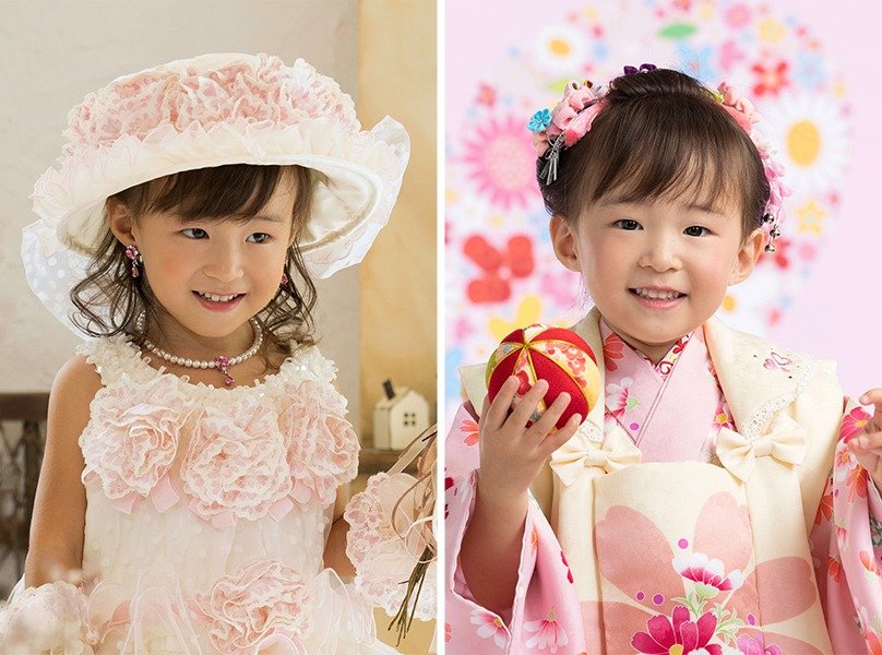 七五三ヘアースタイル集:お子さまの地毛で結い上げるお着物にぴったりの新日本髪と、ドレスに洋髪スタイル:福島市写真館フォトスタジオ若葉